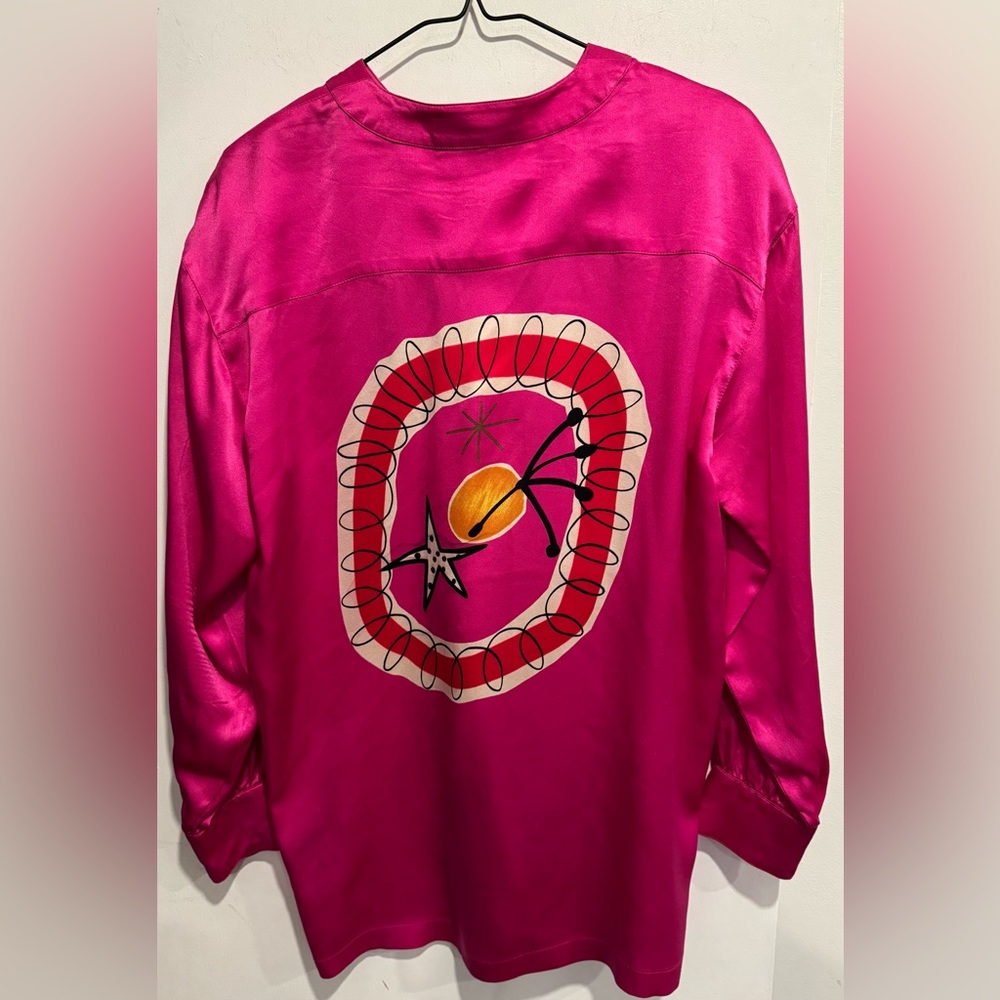 Vntg Escada 💯 silk blouse fuschia shoe star moon abstract retro party office M - Picture 5 of 8
